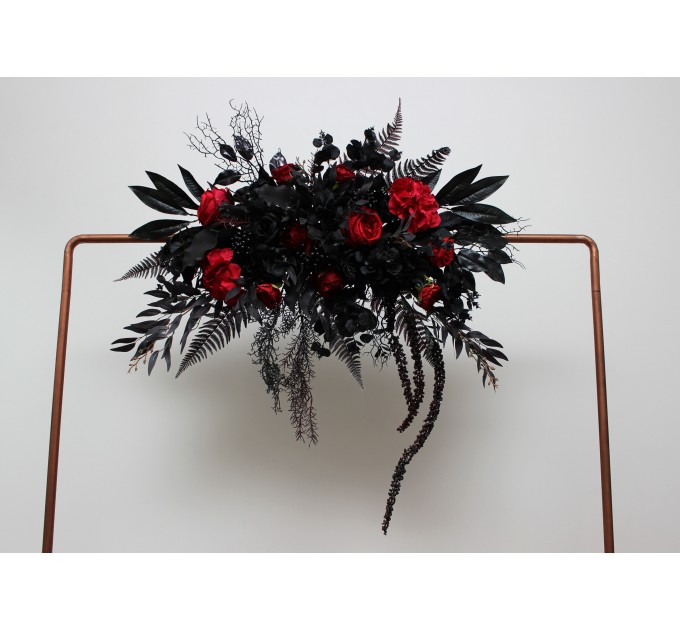  Flower arch arrangement in black and red colors.  Arbor flowers. Floral archway. Faux flowers for wedding arch. Halloween wedding. 5041