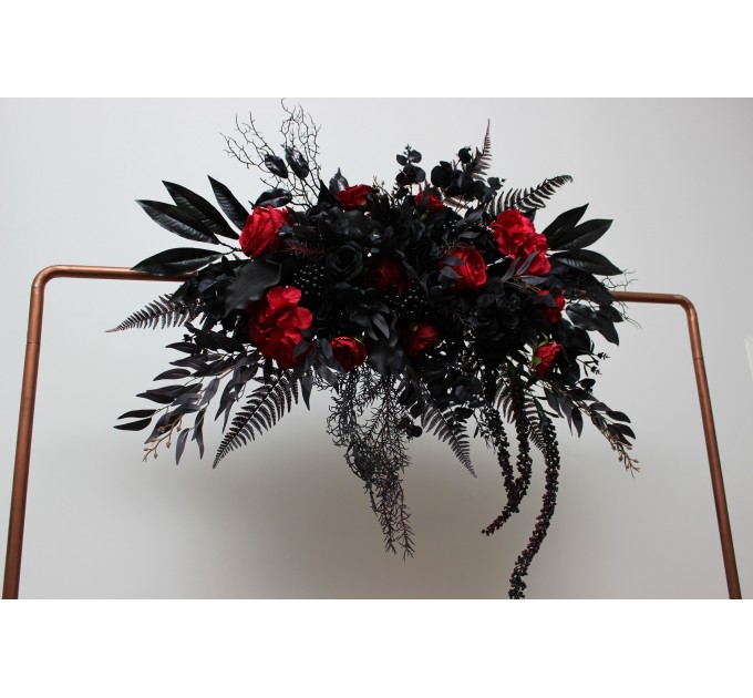  Flower arch arrangement in black and red colors.  Arbor flowers. Floral archway. Faux flowers for wedding arch. Halloween wedding. 5041