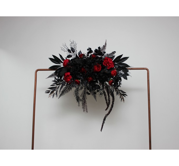  Flower arch arrangement in black and red colors.  Arbor flowers. Floral archway. Faux flowers for wedding arch. Halloween wedding. 5041