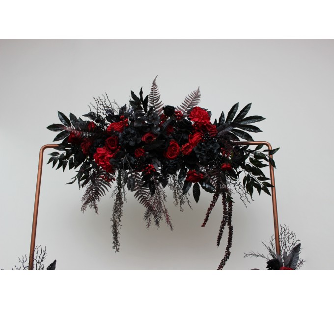  Flower arch arrangement in black and red colors.  Arbor flowers. Floral archway. Faux flowers for wedding arch. Halloween wedding. 5041