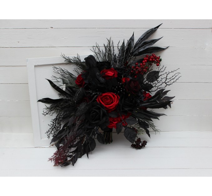 Halloween wedding bouquets in black and red colors. Bridal bouquet. Faux bouquet. Bridesmaid bouquet. 5041