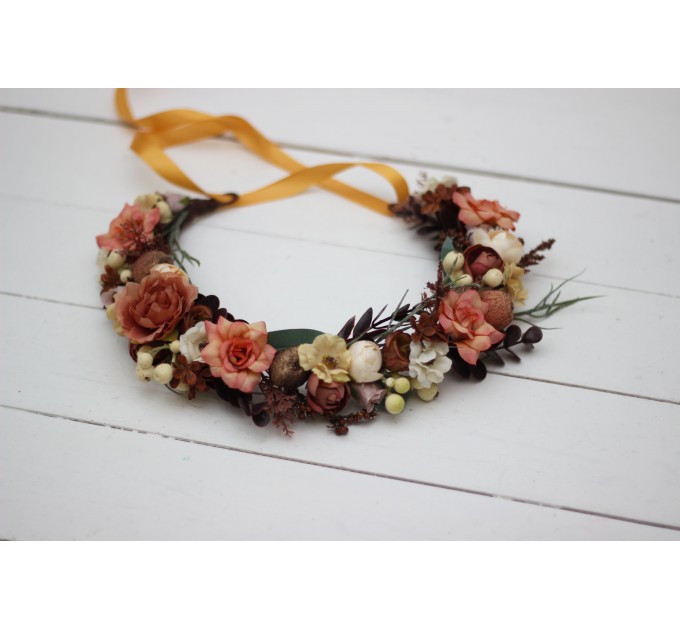 Terracotta rust peach flower crown. Hair wreath. Flower girl crown. Wedding flowers. 5040