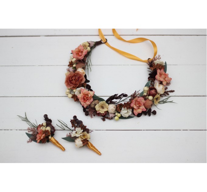 Terracotta rust peach flower crown. Hair wreath. Flower girl crown. Wedding flowers. 5040