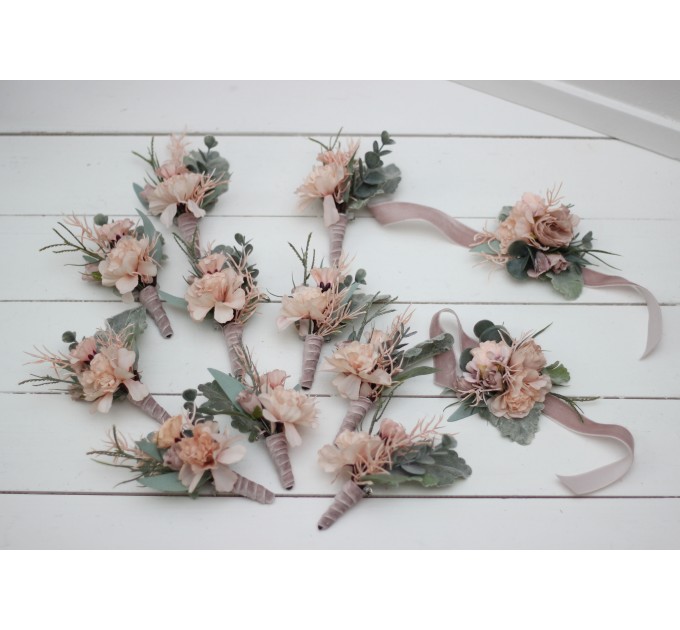 Wedding Boutonnieres & Wrist Corsage in Beige & Blush Pink | Faux Flower Accessories