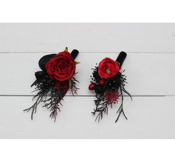 Wedding boutonnieres and wrist corsage in black and red color scheme. Flower accessories. Halloween wedding. 5041