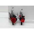  Wedding boutonnieres and wrist corsage  in black and red color scheme. Flower accessories. Halloween wedding. 5041