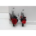 Wedding boutonnieres and wrist corsage in black and red color scheme. Flower accessories. Halloween wedding. 5041