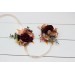 Wedding boutonnieres and wrist corsage in burgundy orange color scheme. Flower accessories. 5042