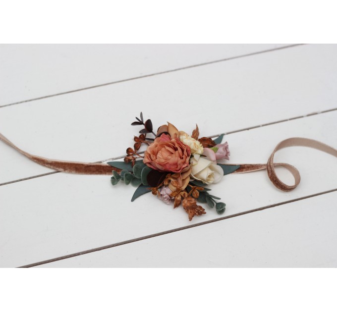  Wedding boutonnieres and wrist corsage  in terracotta rust peach color scheme. Flower accessories. 5040
