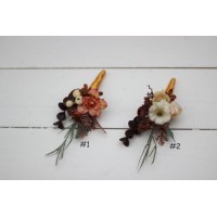  Wedding boutonnieres and wrist corsage  in terracotta rust peach color scheme. Flower accessories. 5040