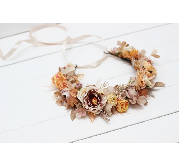 Beige pale orange flower crown. Hair wreath. Flower girl crown. Wedding flowers. 5045