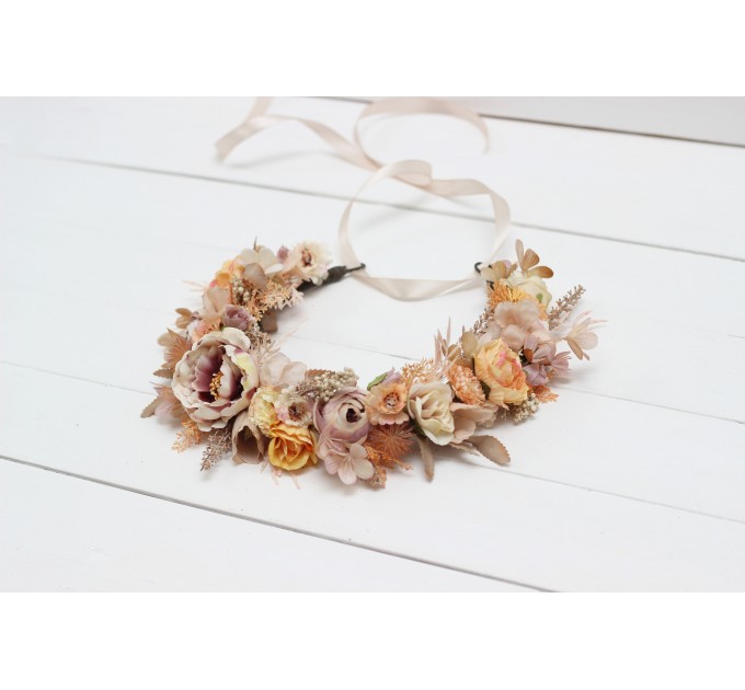  Beige pale orange flower crown. Hair wreath. Flower girl crown. Wedding flowers. 5045