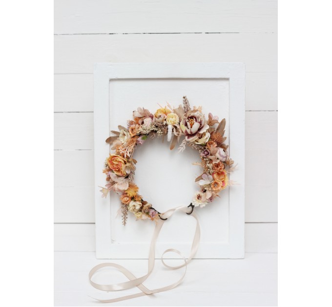 Beige pale orange flower crown. Hair wreath. Flower girl crown. Wedding flowers. 5045