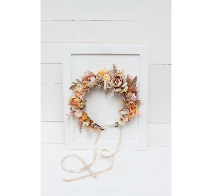 Beige pale orange flower crown. Hair wreath. Flower girl crown. Wedding flowers. 5045