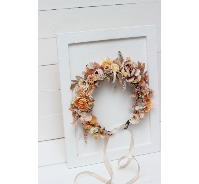 Beige pale orange flower crown. Hair wreath. Flower girl crown. Wedding flowers. 5045