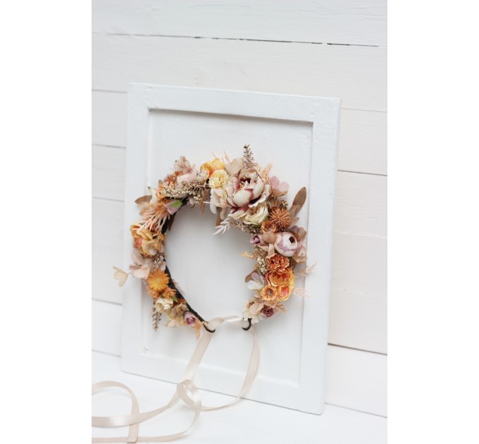  Beige pale orange flower crown. Hair wreath. Flower girl crown. Wedding flowers. 5045