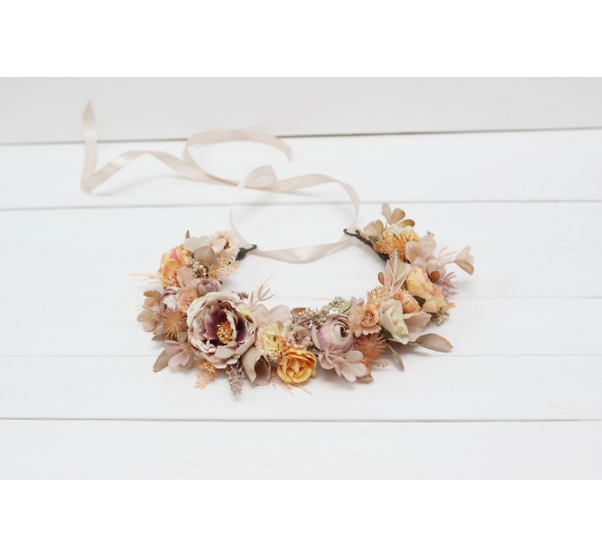 Beige pale orange flower crown. Hair wreath. Flower girl crown. Wedding flowers. 5045