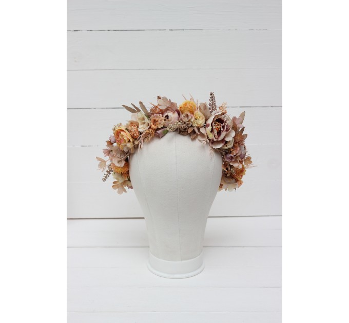 Beige pale orange flower crown. Hair wreath. Flower girl crown. Wedding flowers. 5045