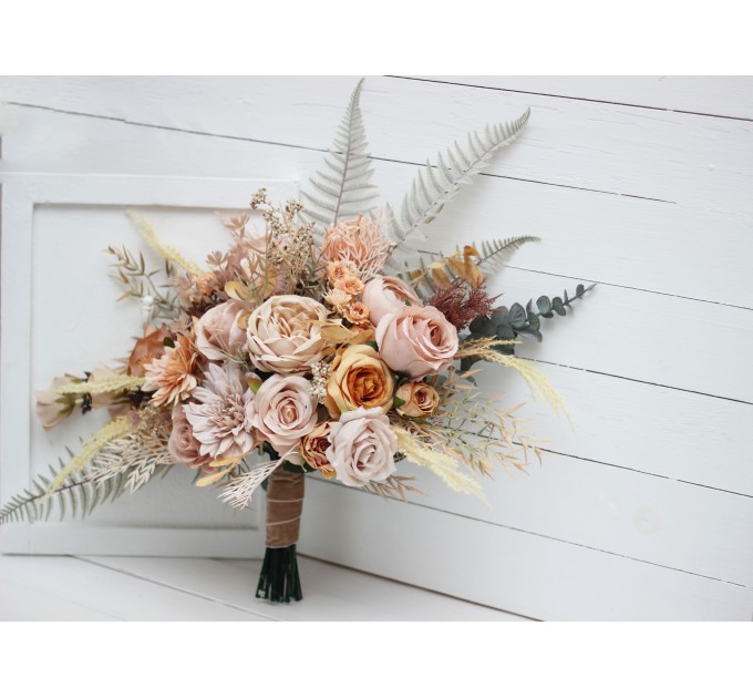 Wedding bouquets in beige pale orange colors. Bridal bouquet. Faux bouquet. Bridesmaid bouquet. 5045
