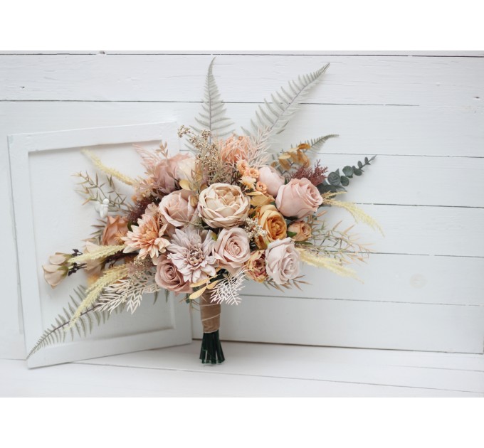 Wedding bouquets in beige pale orange colors. Bridal bouquet. Faux bouquet. Bridesmaid bouquet. 5045