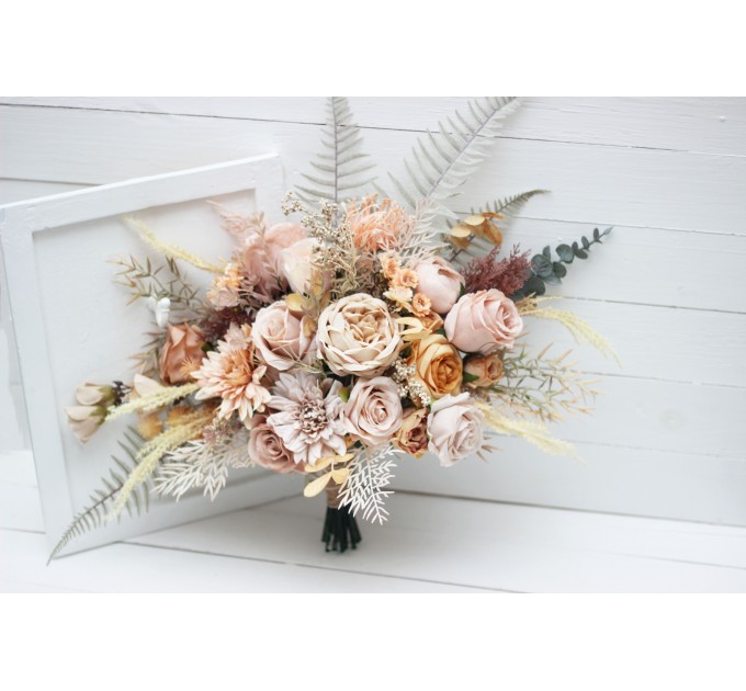 Wedding bouquets in beige pale orange colors. Bridal bouquet. Faux bouquet. Bridesmaid bouquet. 5045