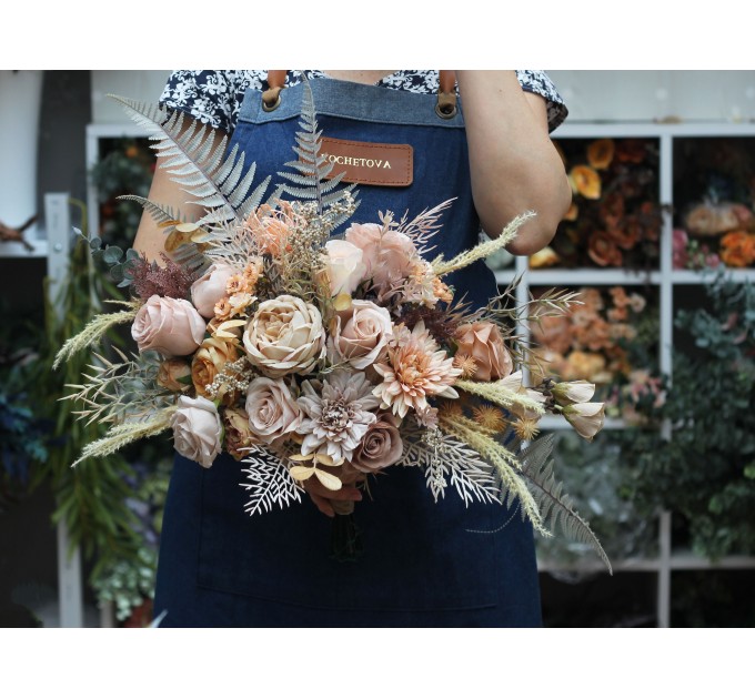 Wedding bouquets in beige pale orange colors. Bridal bouquet. Faux bouquet. Bridesmaid bouquet. 5045