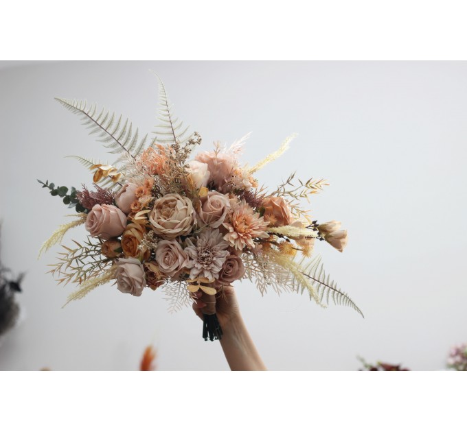 Wedding bouquets in beige pale orange colors. Bridal bouquet. Faux bouquet. Bridesmaid bouquet. 5045