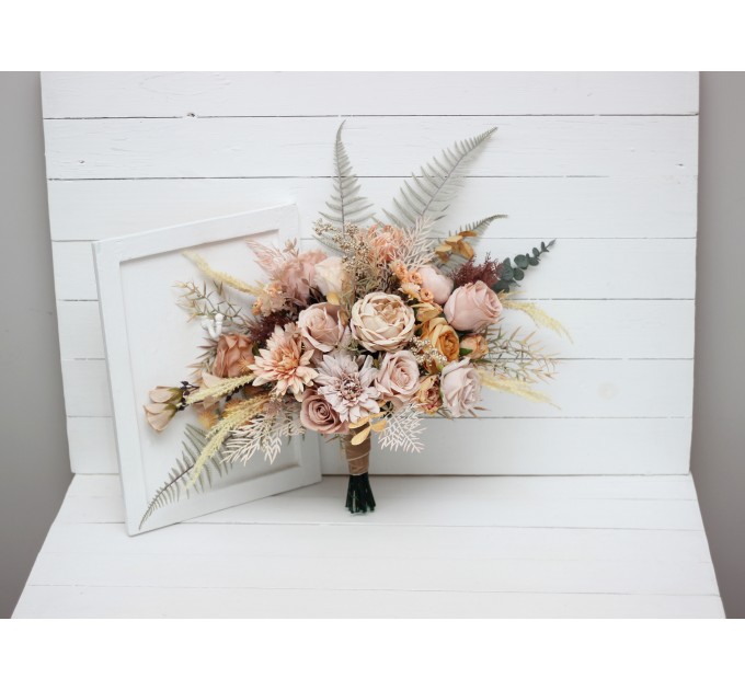 Wedding bouquets in beige pale orange colors. Bridal bouquet. Faux bouquet. Bridesmaid bouquet. 5045