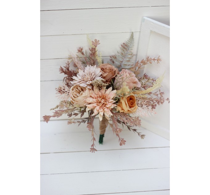 Wedding bouquets in beige pale orange colors. Bridal bouquet. Faux bouquet. Bridesmaid bouquet. 5045