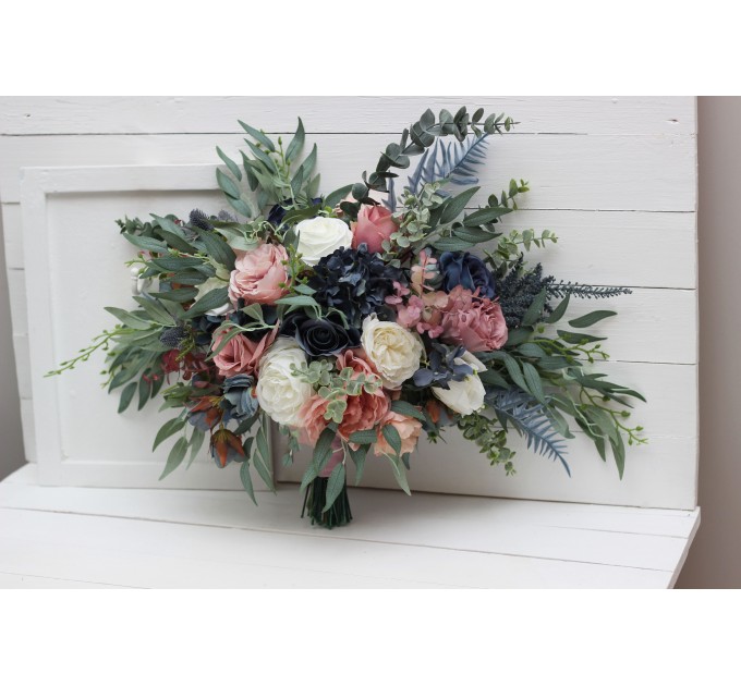Wedding bouquets in dusty rose mauve navy blue colors. Bridal bouquet. Faux bouquet. Bridesmaid bouquet. 5046