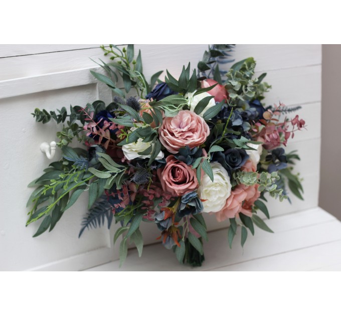 Wedding bouquets in dusty rose mauve navy blue colors. Bridal bouquet. Faux bouquet. Bridesmaid bouquet. 5046