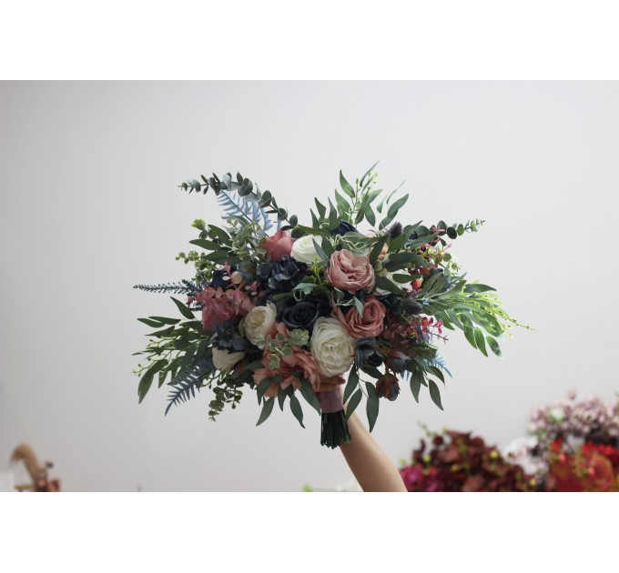 Wedding bouquets in dusty rose mauve navy blue colors. Bridal bouquet. Faux bouquet. Bridesmaid bouquet. 5046