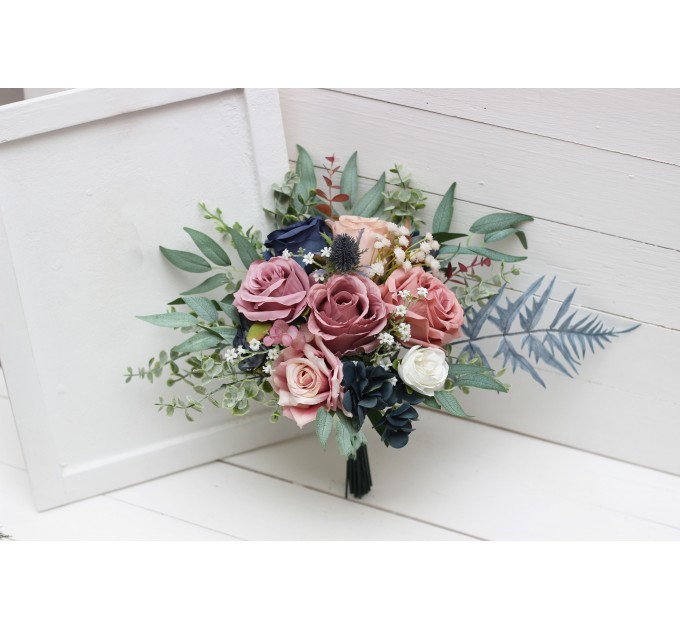 Wedding bouquets in dusty rose mauve navy blue colors. Bridal bouquet. Faux bouquet. Bridesmaid bouquet. 5046