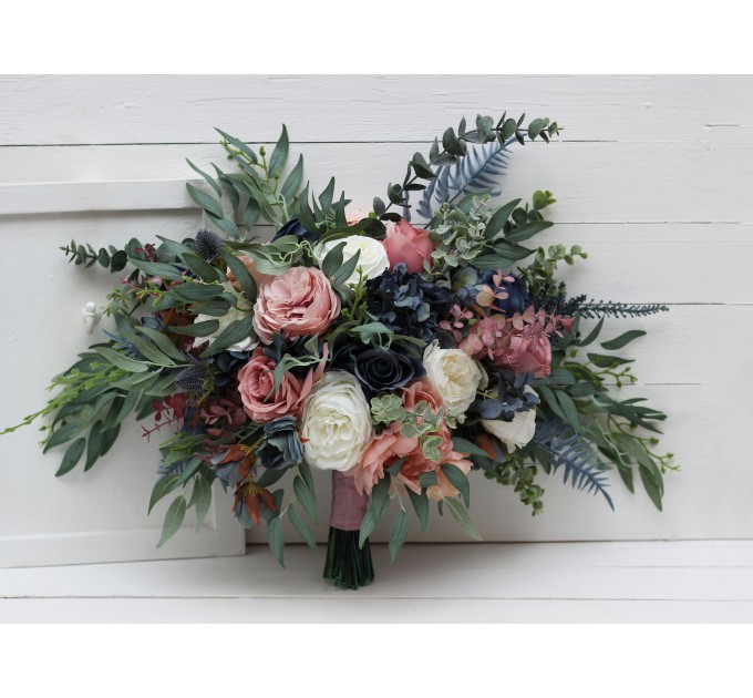 Wedding bouquets in dusty rose mauve navy blue colors. Bridal bouquet. Faux bouquet. Bridesmaid bouquet. 5046
