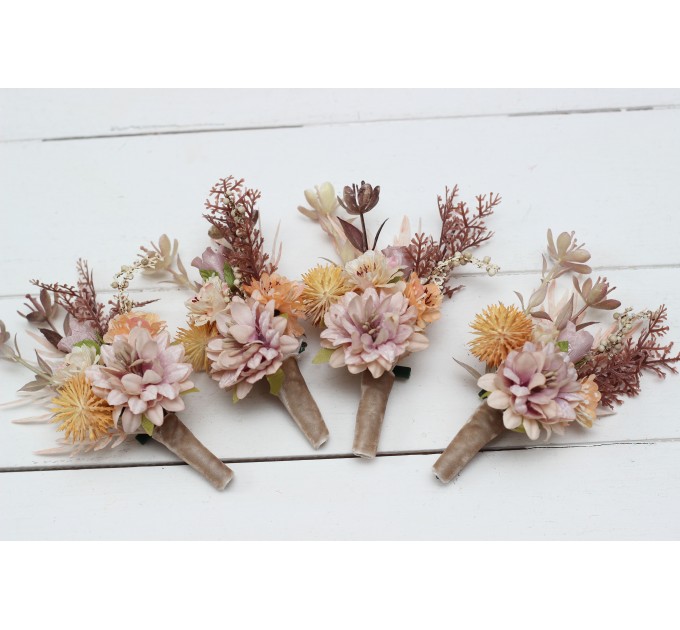  Wedding boutonnieres and wrist corsage  in beige pale orange color scheme. Flower accessories. 5045