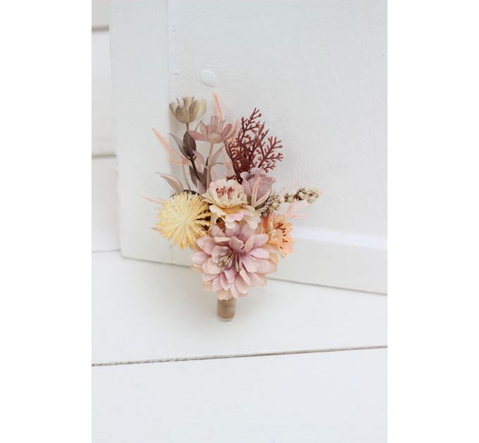  Wedding boutonnieres and wrist corsage  in beige pale orange color scheme. Flower accessories. 5045