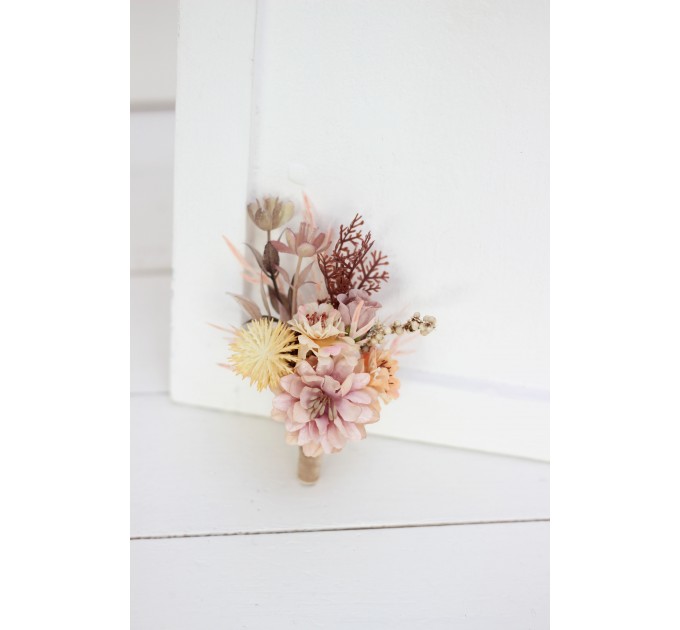  Wedding boutonnieres and wrist corsage  in beige pale orange color scheme. Flower accessories. 5045