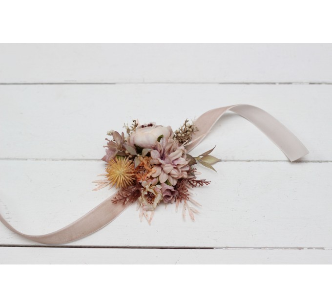  Wedding boutonnieres and wrist corsage  in beige pale orange color scheme. Flower accessories. 5045
