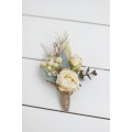 Wedding boutonnieres and wrist corsage in champagne ivory color scheme. Flower accessories. 5044