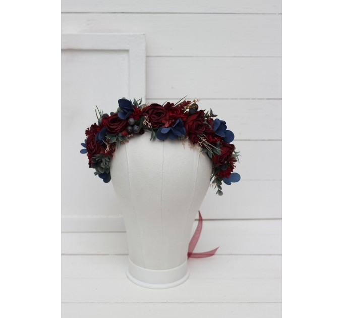 Burgundy navy blue flower crown. Hair wreath. Flower girl crown. Wedding flowers. 5047