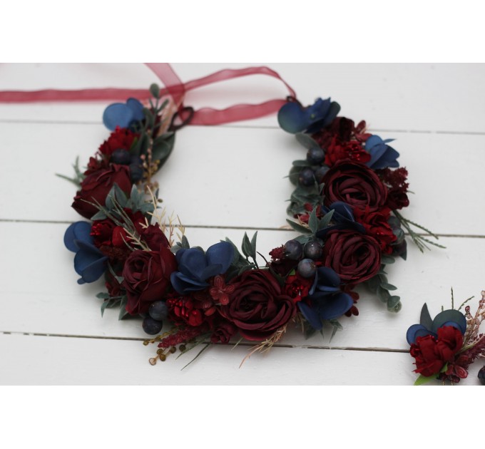 Burgundy navy blue flower crown. Hair wreath. Flower girl crown. Wedding flowers. 5047