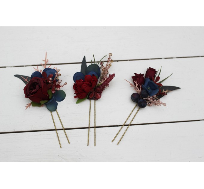  Set of  3  hair pins in burgundy navy blue color scheme. Hair accessories. Flower accessories for wedding.  5047