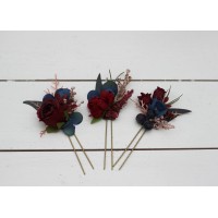  Set of  3  hair pins in burgundy navy blue color scheme. Hair accessories. Flower accessories for wedding.  5047