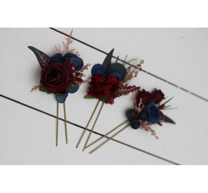 Set of  3  hair pins in burgundy navy blue color scheme. Hair accessories. Flower accessories for wedding.  5047