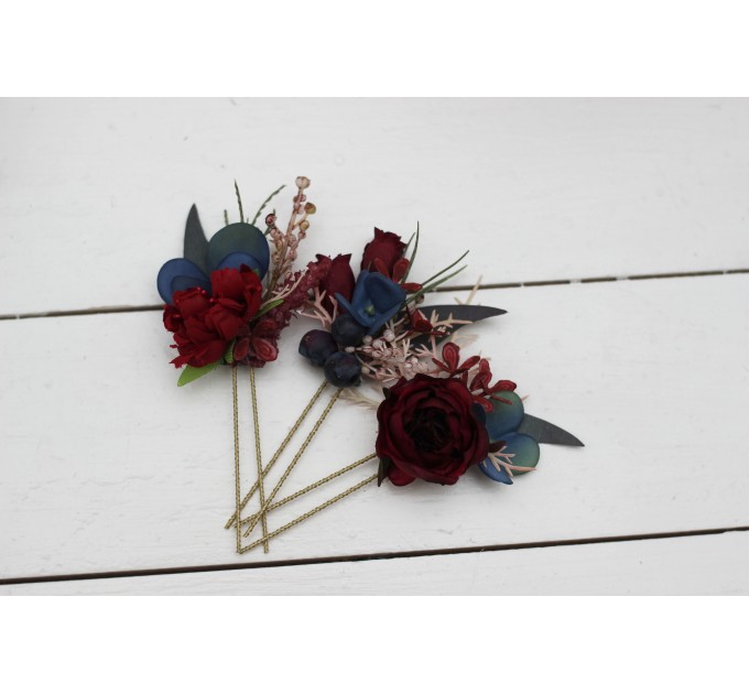  Set of  3  hair pins in burgundy navy blue color scheme. Hair accessories. Flower accessories for wedding.  5047