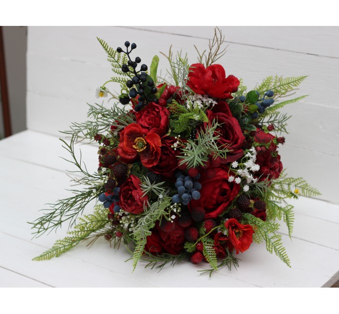 Wedding bouquet in red colors with berries. Bridal bouquet.  Faux bouquet. Bridesmaid bouquet. 5050