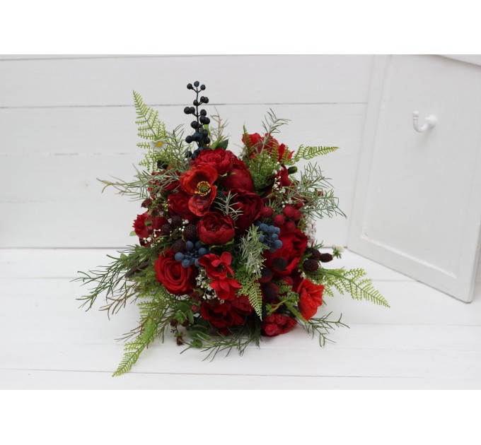 Wedding bouquet in red colors with berries. Bridal bouquet.  Faux bouquet. Bridesmaid bouquet. 5050