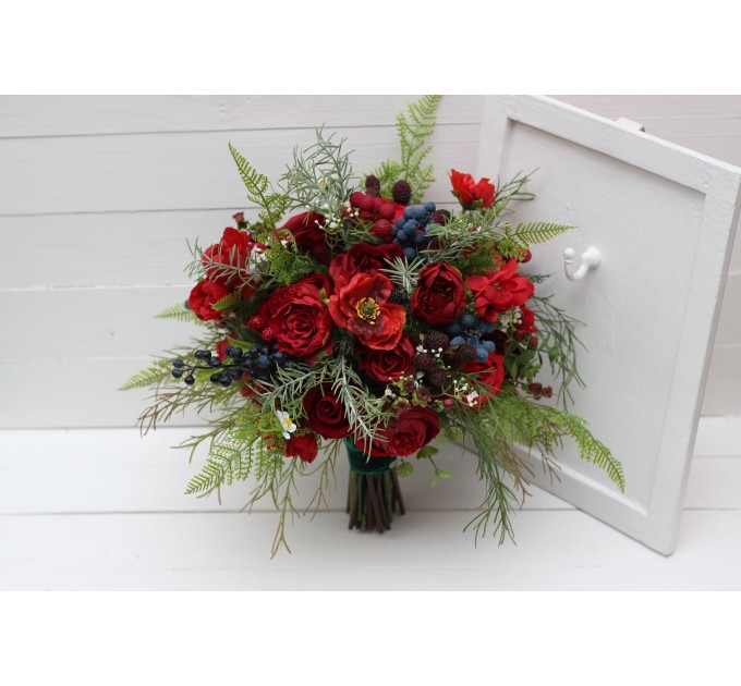 Wedding bouquet in red colors with berries. Bridal bouquet.  Faux bouquet. Bridesmaid bouquet. 5050