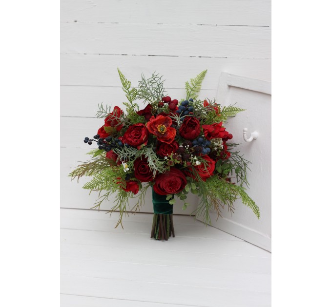 Wedding bouquet in red colors with berries. Bridal bouquet.  Faux bouquet. Bridesmaid bouquet. 5050