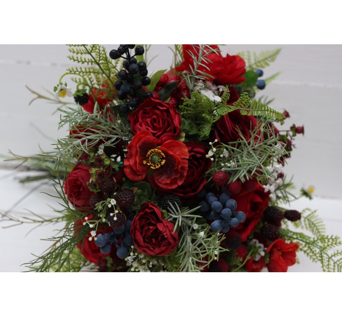 Wedding bouquet in red colors with berries. Bridal bouquet.  Faux bouquet. Bridesmaid bouquet. 5050